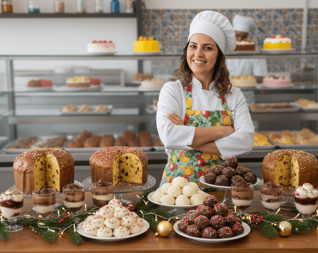 Mulher feliz apresentando uma sobremesa de Natal